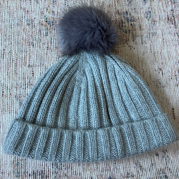 J. Crew Gray Wool Blend Ribbed Beanie with Faux Fur Pom Pom - Picture 3 of 5